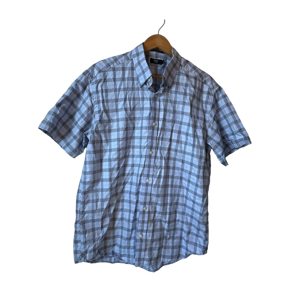 LINCS DAVID CHU 100% Egyptian Cotton Mens Short Sleeve Button Up Plaid Size L